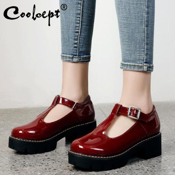 

coolcept size 34-43 women pumps t strap fashion buckle high heel shoes woman platform new style office lady daily footwear, Black