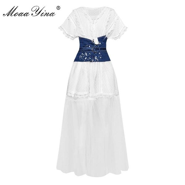 

moaayina fashion designer set summer women short sleeve v-neck lace +lace-up cowboy patchwork mesh skirt two-piece suit, Gray