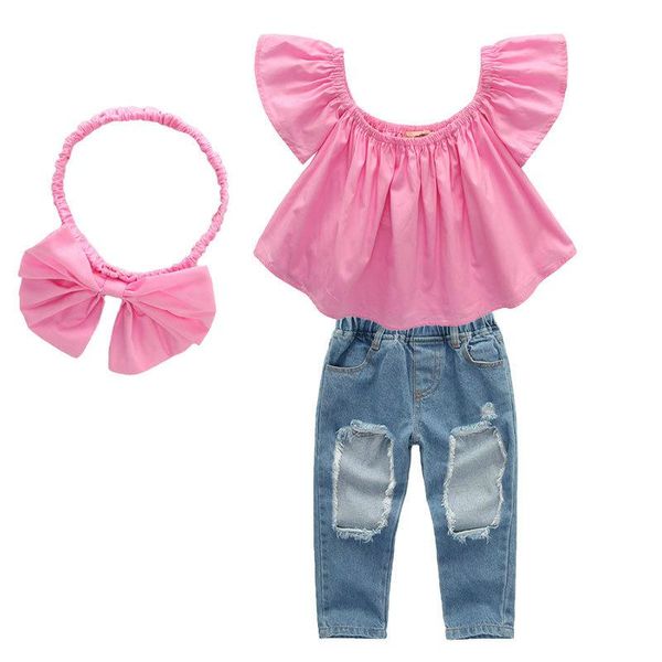 

girls ripped denim clothing sets lotus sleeve tube +washed denim trousers+bow headband three piece girls boutique outfits, White