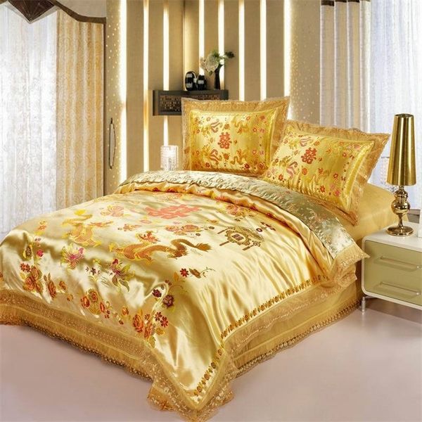 Raso rosso Drago / fenice cinese Set biancheria da letto per matrimonio stampa Abiti moderni Biancheria da letto Jacquard queen / king size Oro 201128