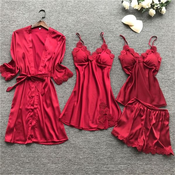 

15style women sleepwear home wear lace solid long sleeve silk embroidery satin clothing sleeveless nightwear pajama sets lj200814, Black;red