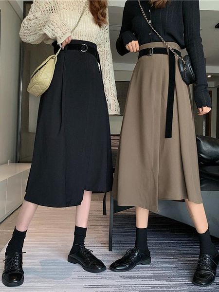 

autumn 2021 new hong kong style black skirt split skirt women's mid-length high waist a- line slimming hip