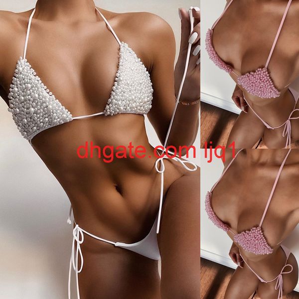 

2020 new pearl bikini thong swimsuit, White;black