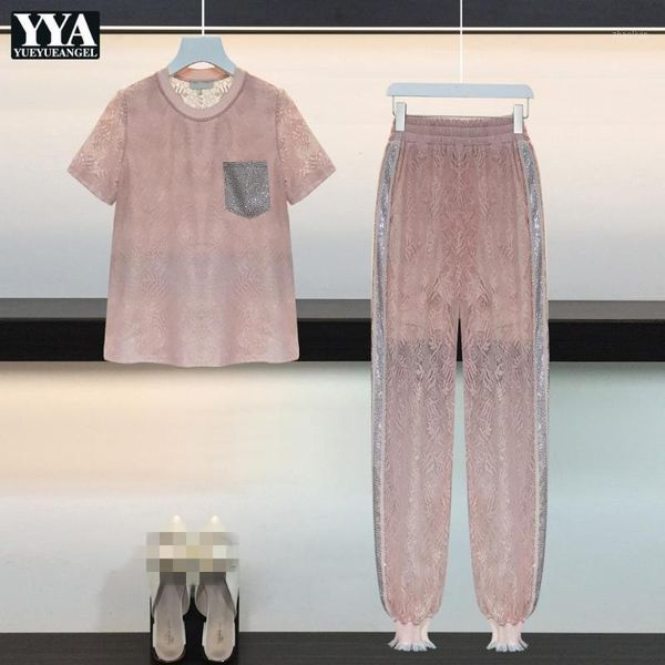 

street women sweet pink o-neck short sleeve t-shirt elastic waist pants two pieces set summer fashion diamonds harem pants set1, White