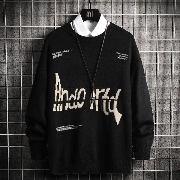 

glacialwhale oversized mens knitted sweater men 2021 winter vintage sweaters pullover jumper hip hop harajuku black sweater men, White;black