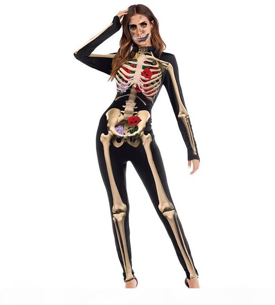 

halloween costume womens skeleton rose print scary costume black skinny jumpsuit bodysuit halloween cosplay suit for women costume, Black;red