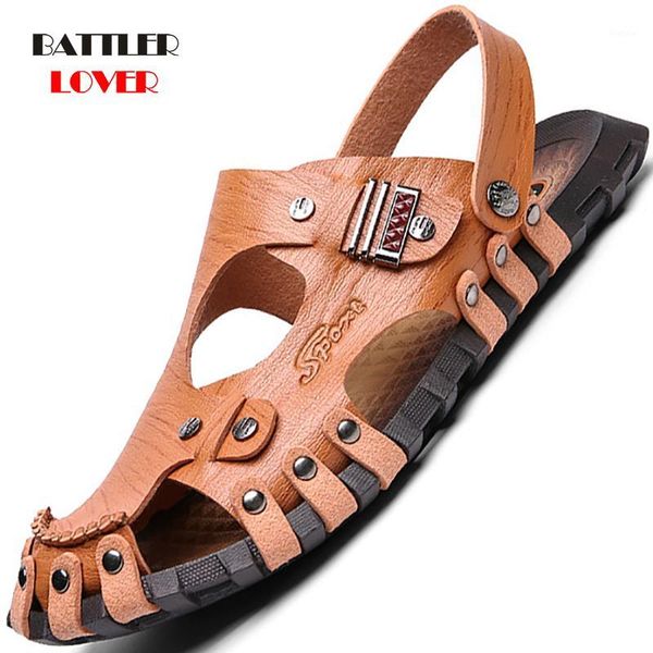 

summer men sandals genuine leather mens beach sandals men's casual shoes soft rubber comfortable slip-on outdoor footwear1, Black