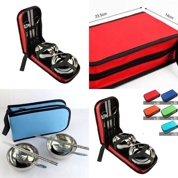 

stainless steel double person tableware set travel outdoors picnic dinnerware kit fold dinner service suit portable 12 8lm j1
