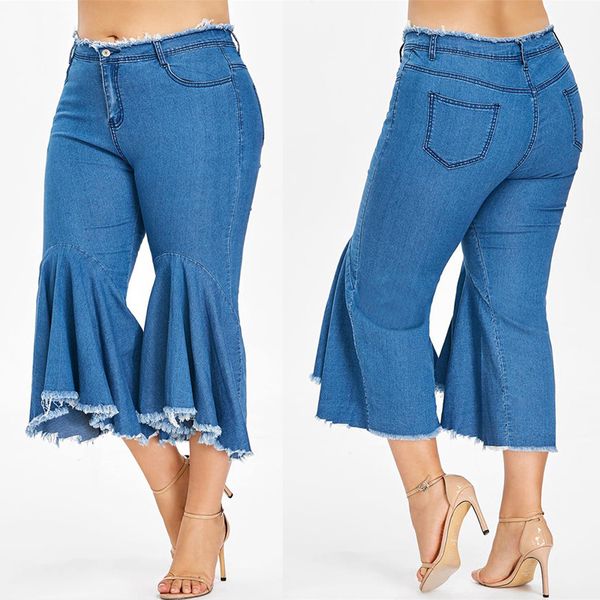 

1x large ruffled jeans capris womens irregular pants womens jeans wholesale jeans suppliers wholesale private label, Blue
