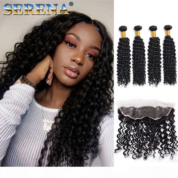 

ear to ear 13x4 lace frontal closures with 4 bundles brazilian peruvian indian malaysian deep wave curly virgin human hair weaves 8a grade, Black;brown