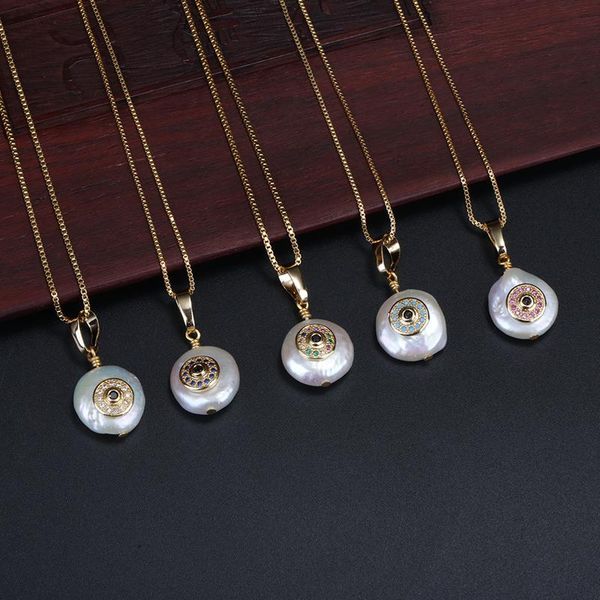

tiny cz paved coin disc evil eye protection charm freshwater pearl bead chic gold link chain pendant choker necklaces for women, Golden;silver
