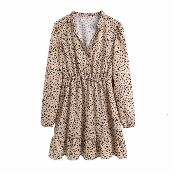 

new vintage leopard print mini dress women 2021 fashion ruffle long sleeve short woman retro elegant dresses jyia, Black;gray