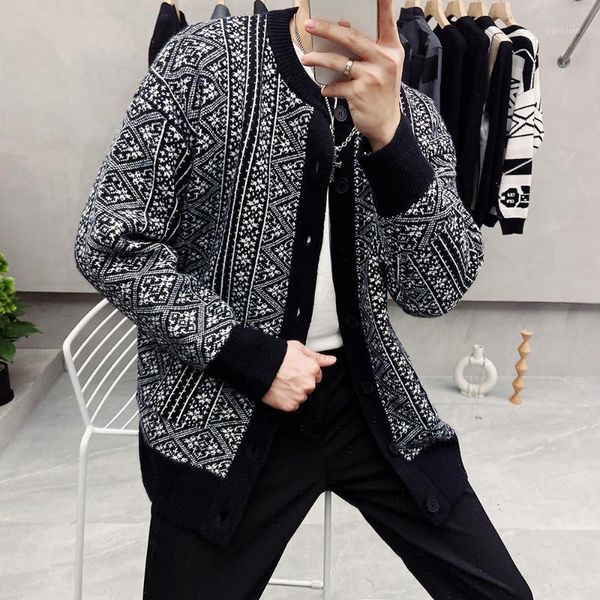 

autumn winter cardigan men loose jacquard thick wool casual sweater coat fashion men's long sleeve warm knittwear men clothing1, White;black