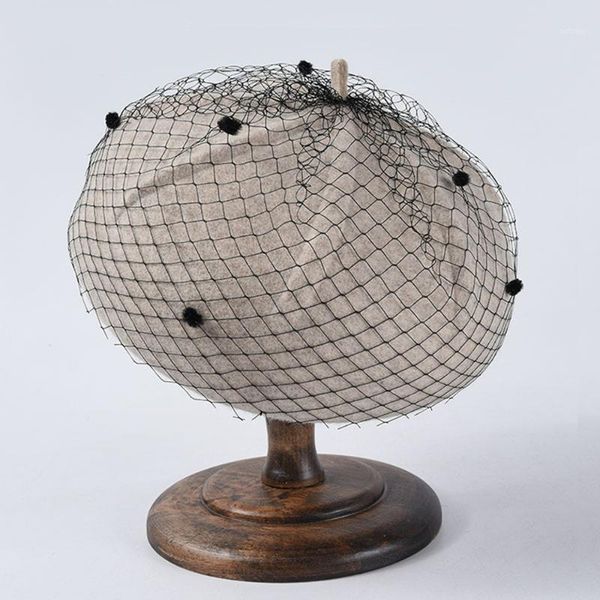 

новые винтажные осенние сетчатые кружева beret шляпа женская корейский роскошь элегантная шерсть берет ретро женщины сплошной цвет художника, Blue;gray