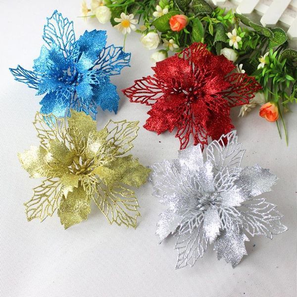 

christmas decorations 6.3'' poinsettias artificial glitter flower xmas tree decoration1