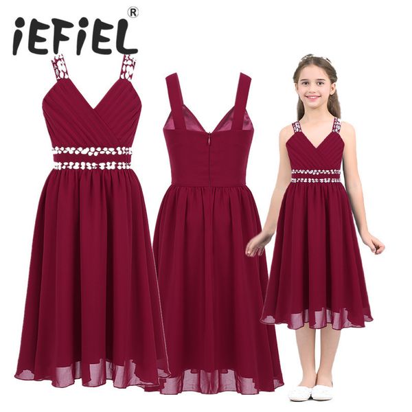 

girls costumes chiffon dress flower v neckline shiny sequins rhinestones kids teen wedding party vestidos princess tulle dress t200709, Red;yellow