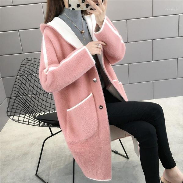 

fmfssom imitation mink cashmere coat women cardigan knit 2020 autumn thick loose sweater coat hooded double sided casual sweater1, Black
