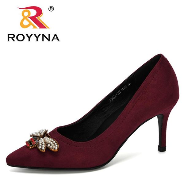 

royyna 2021 new designers fashion style pointed toe pump women dress high heels flock shoes woman wedding shoes zapatos mujer, Black
