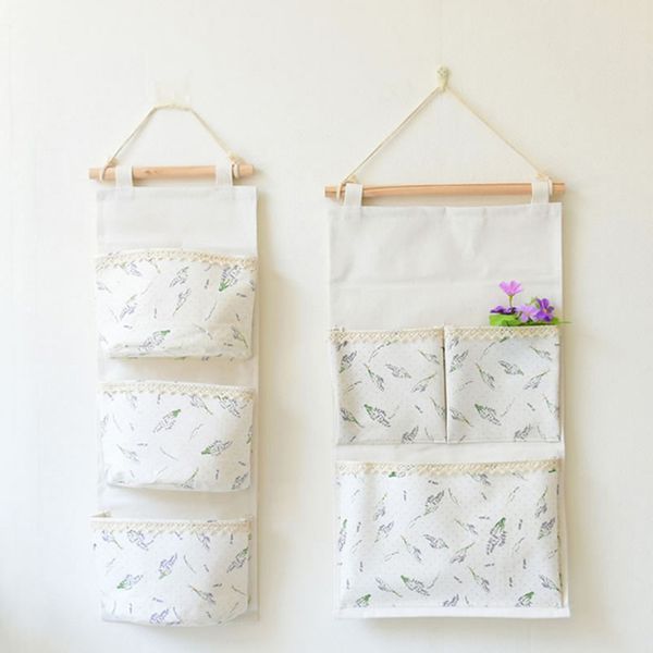 

fresh lavender home cotton linen hanging bag wall decoration three pocket miscellaneous goods multifunction storage bags