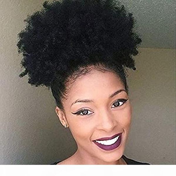 

human hair afro drawstring ponytail extension high puff kinky curly 4c ponytail african american bun extension updo ponytail natural color, Black