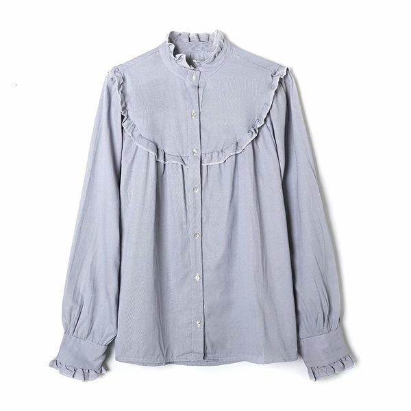 

2021 new elegant women ruffles shirts fashion ladies grey striped sweet female chic cotton 100% blouse loose girl shirt 3qz9, White