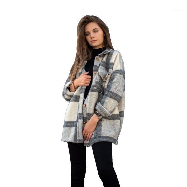 

2021 fall/winter women's jacket long sleeve lapel loose plaid casual jacket high street female manteau femme wm*1, Black