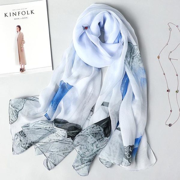 

elegant women silk scarf 100 real silk scarves floral print shawls wraps thin long pashmina lady foulard bandana hijab femme bbylzn bdehome, Blue;gray
