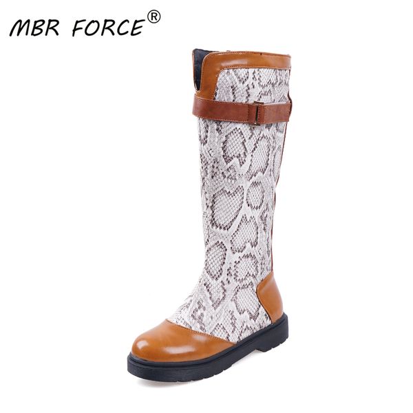 

mbr force new leopard ladies women round toe knee high boots med heels large size 34-43 shoes woman female brown, Black