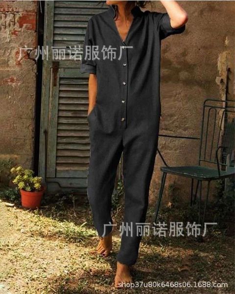 

pocket trade fashion long sleeve 2019 solid color jumpsuit, Black;gray