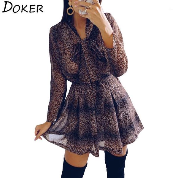

2020 spring summer new chiffon leopard dress women clothes fashion high waist loose long sleeve dress party mini dresses1, Black;gray