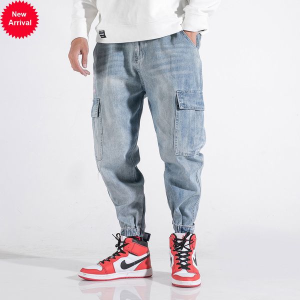 

2021 new fashion streetwear men's breech breeches let light blue pocket denim cargo embroidered hip designer brim pants qfim