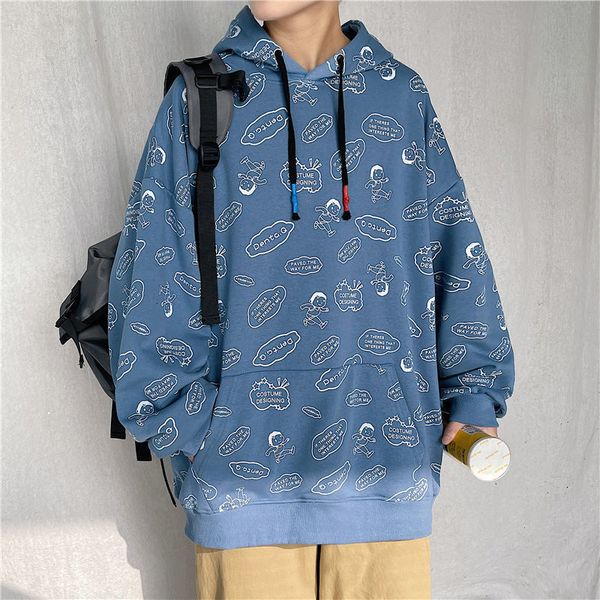 

original 2021 spring in the fashion new cotton plus velvet with male hip-hop hood complete loose couple printed if4b, Black