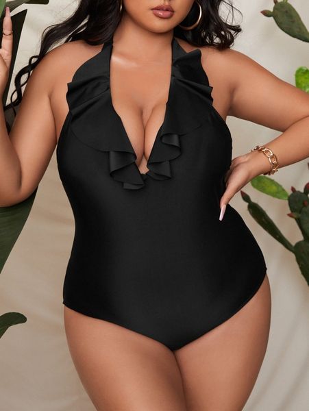 

plus ruffle trim halter one piece swimsuit j7j1#, Black