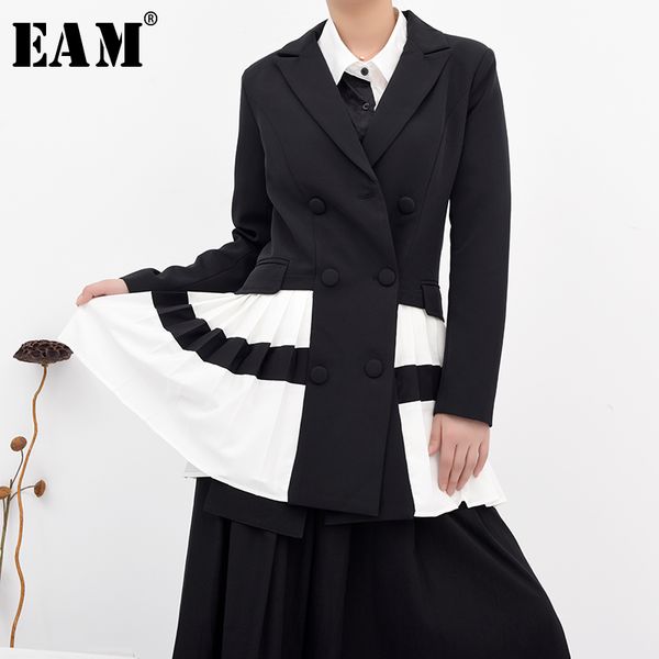 

[eam] women black contrast color pleated long blazer new lapel long sleeve loose fit jacket fashion spring autumn 1t30601s 201114, White;black