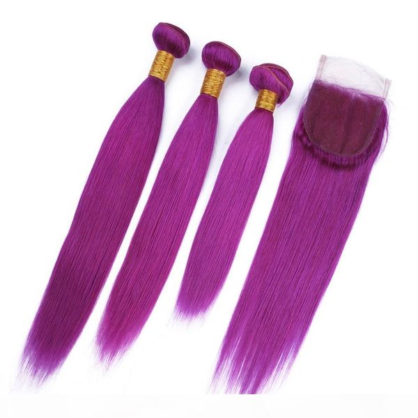 

straight indian purple human hair weaves with closure pure purple color virgin hair 4pcs bundles with 4x4 front lace closure 4pcs lot, Black;brown