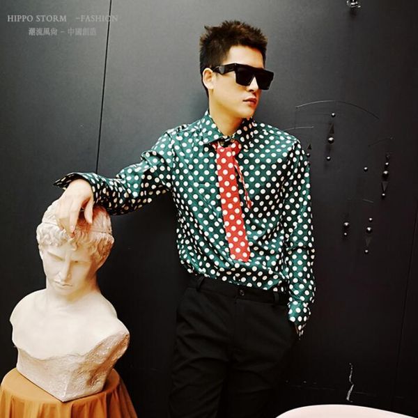 

men's casual shirts fashion punk shirt men long sleeve personality dots teenage korean mens stage singer dance b670, White;black