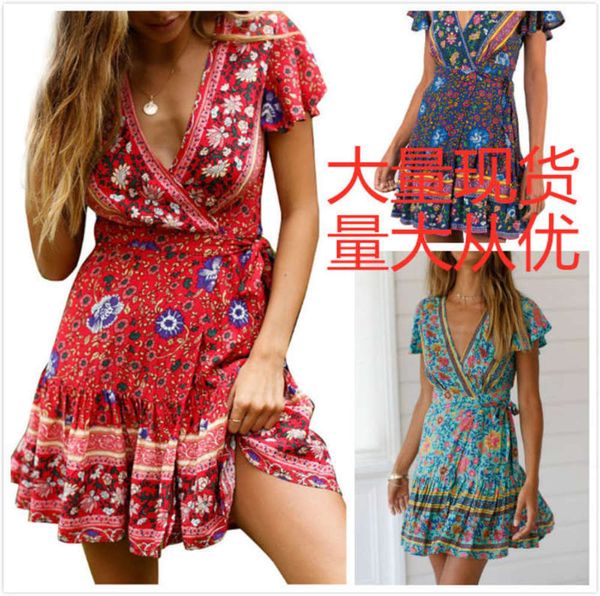 

fashion v-neck short sleeve positioning 2019 print lace up rayon dress, Black;gray
