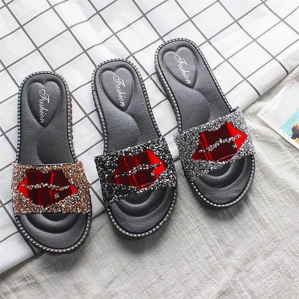 

women bling lips sequined cloth summer slippers ladies flat comfort casual beach shoes female slip on fashion footwear, Black