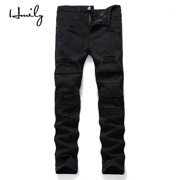 

hmily men ripped skinny jeans destroyed frayed slim fit denim pant casual men slim hole zipper balck jeans pants1, Blue