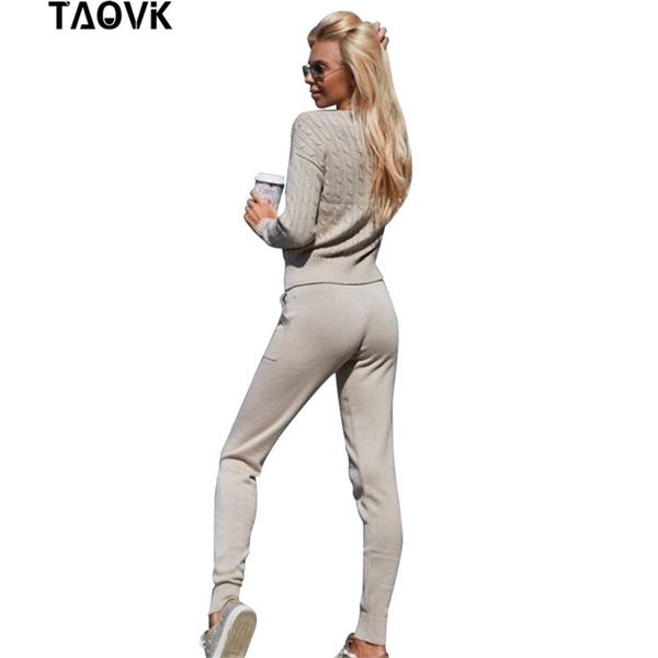 

taovk women knitted suit and sets casual spring autumn 2pcs tracksuit female knitted trousers+jumper costume clothing set 201119, White