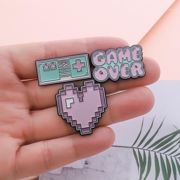 

pink green enamel game machine pixel heart shaped game over pins cartoon brooch bag shirt lapel pin badge gift for female male1, Gray