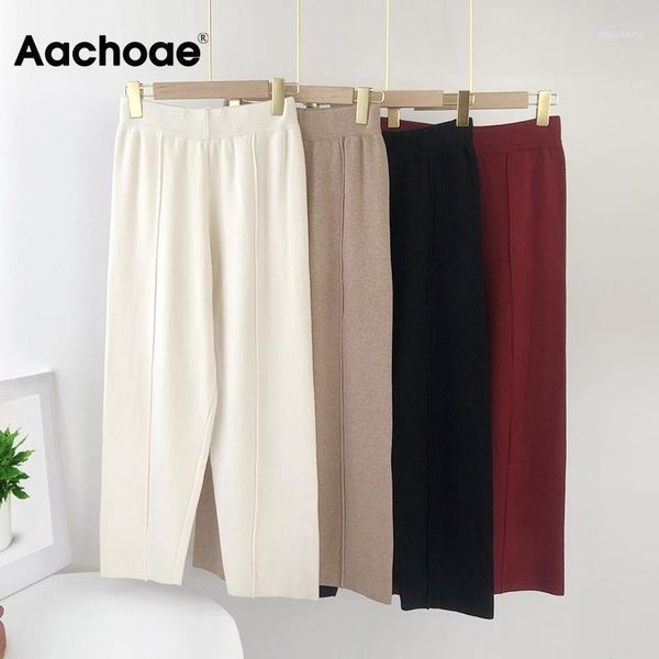 

aachoae loose solid knitted pants women elastic waist casual lady pants pleated leisure home wear long female pantalon1, Black;white
