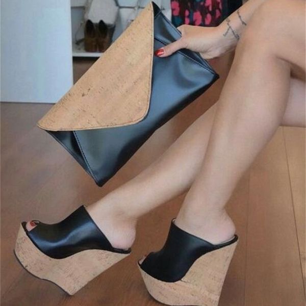 

2021 toe new wedge sandals leather red shoes super tall slippers 35-42 mkl6, Black
