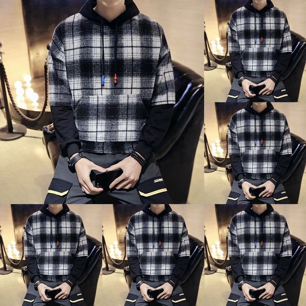 

lmlnk men's autumn 6tagc style two plaid sweater frosted coat fake casual men's sweater hooded coat men new, Black