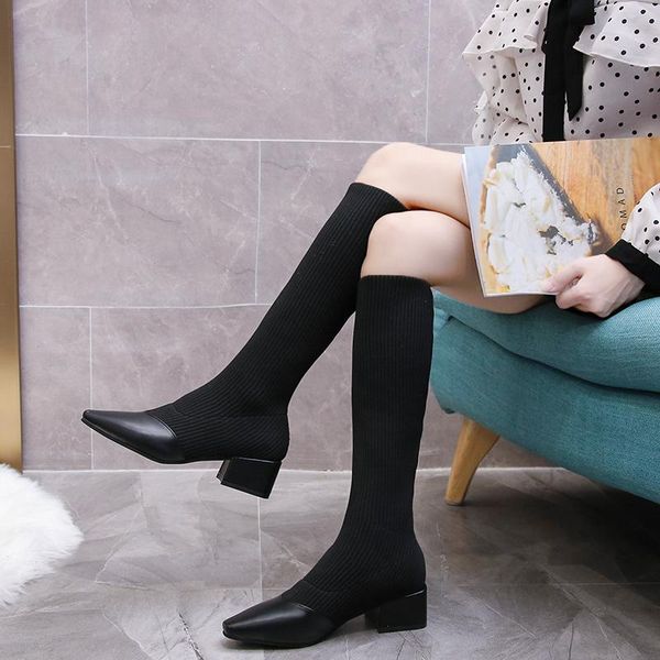 

elastic fabric spring autumn women socks boots thick heels over the knee boots women botas mujer pointed toe pu high, Black