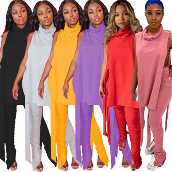 

sets fashion trend round neck sleeveless hollow pile of pants tracksuits designer female casual loose 2pcs suits ladies high neck, Gray