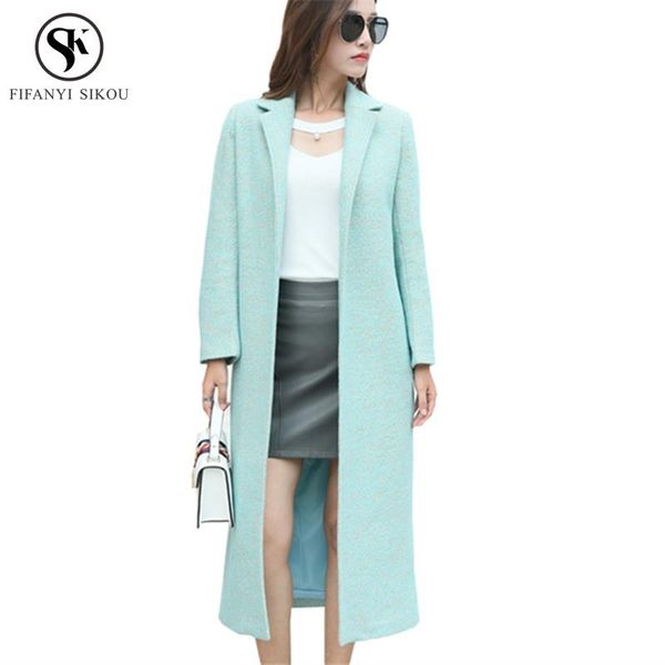 

winter coat women solid color long wool coat thick warm slim belt woolen ladies casual coats outwear lp314, Black