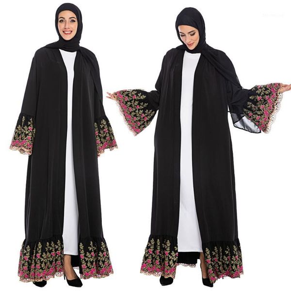 

women kimono muslim embroidery long sleeve abaya open cardigan dubai kaftan robe elegant flare sleeve black party cocktail dress1, Red