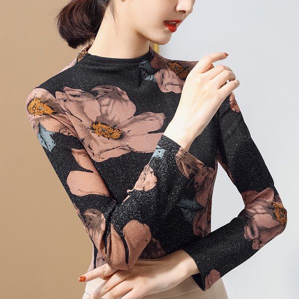 

spring and autumn thin long sleeve high collar bottomed women's wear 2021 new women's versatile lace top, White