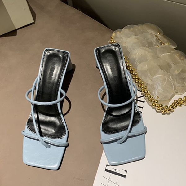 

2021 new fashion brand summer women slipper woman square high heel slides peep toe sandal flip flops mujer shoes ftc3, Black